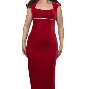 Vintage 90s Sz 4 Red Velvet Rhinestone Empire Waist Cap Sleeve Maxi Dress Gown